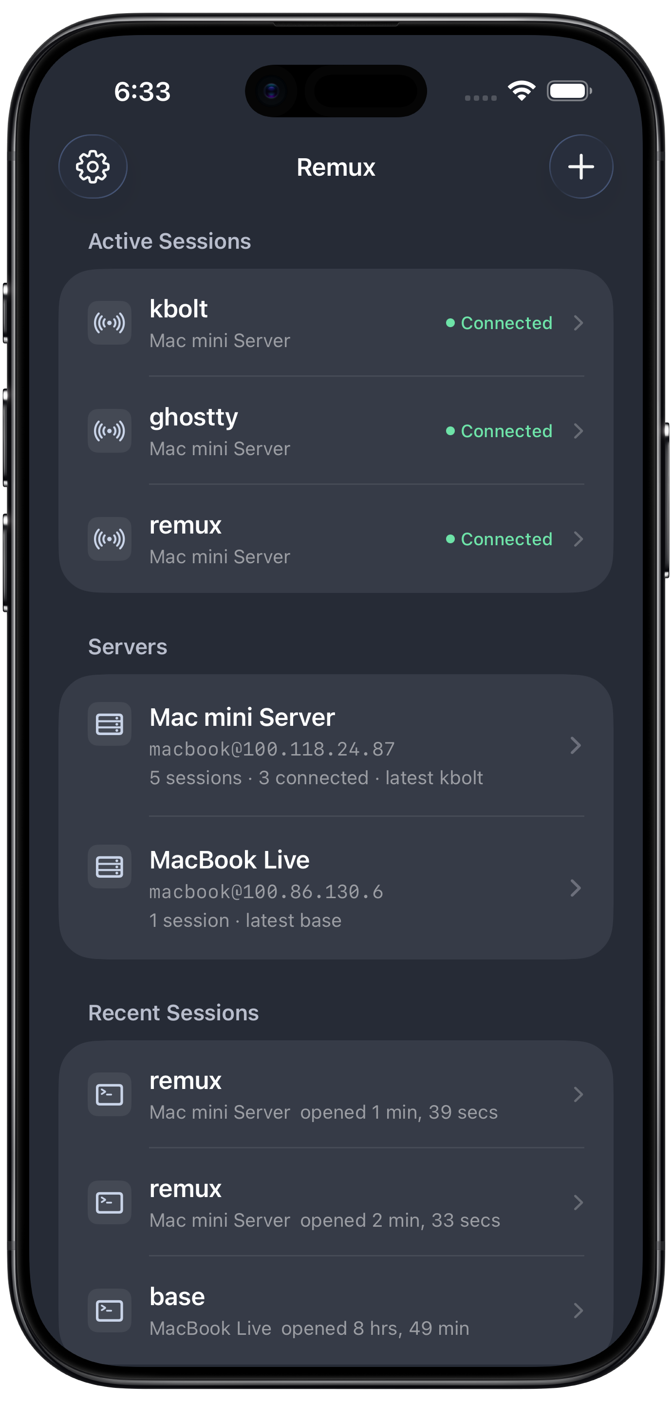 Remux showing active and recent tmux sessions across saved servers